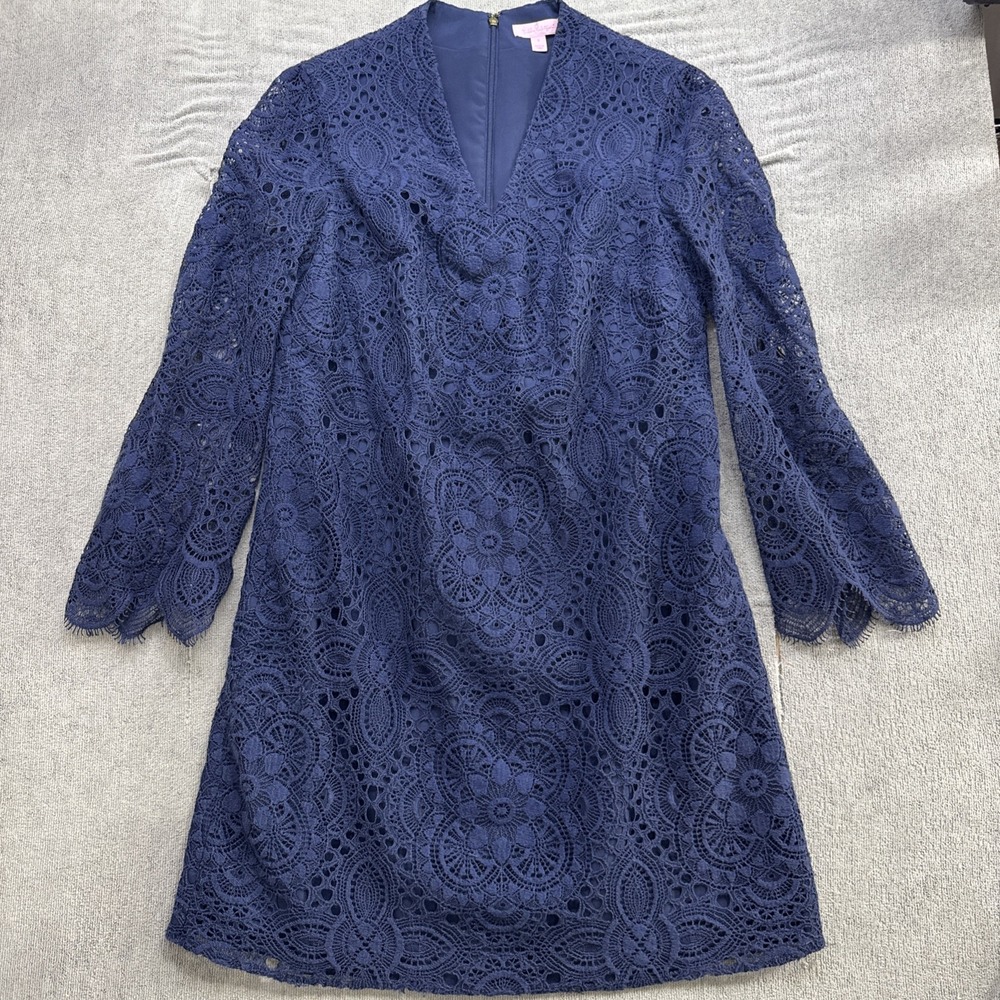 Lilly Pulitzer Navy Lace Cocktail Sheath Dress Long Sleeve V Neck Womens 8